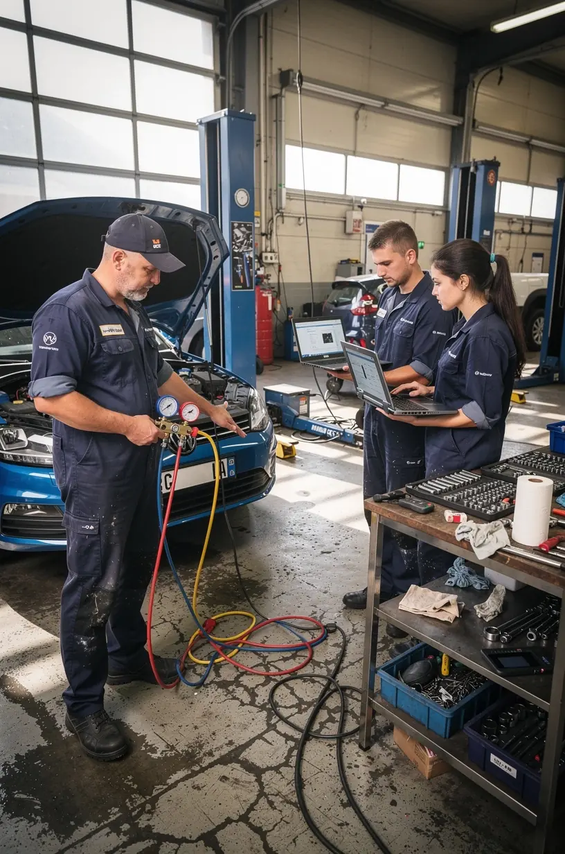 Detailný pohľad na meracie prístroje, ktoré kontrolujú tesnosť a výkon automobilovej klimatizácie.